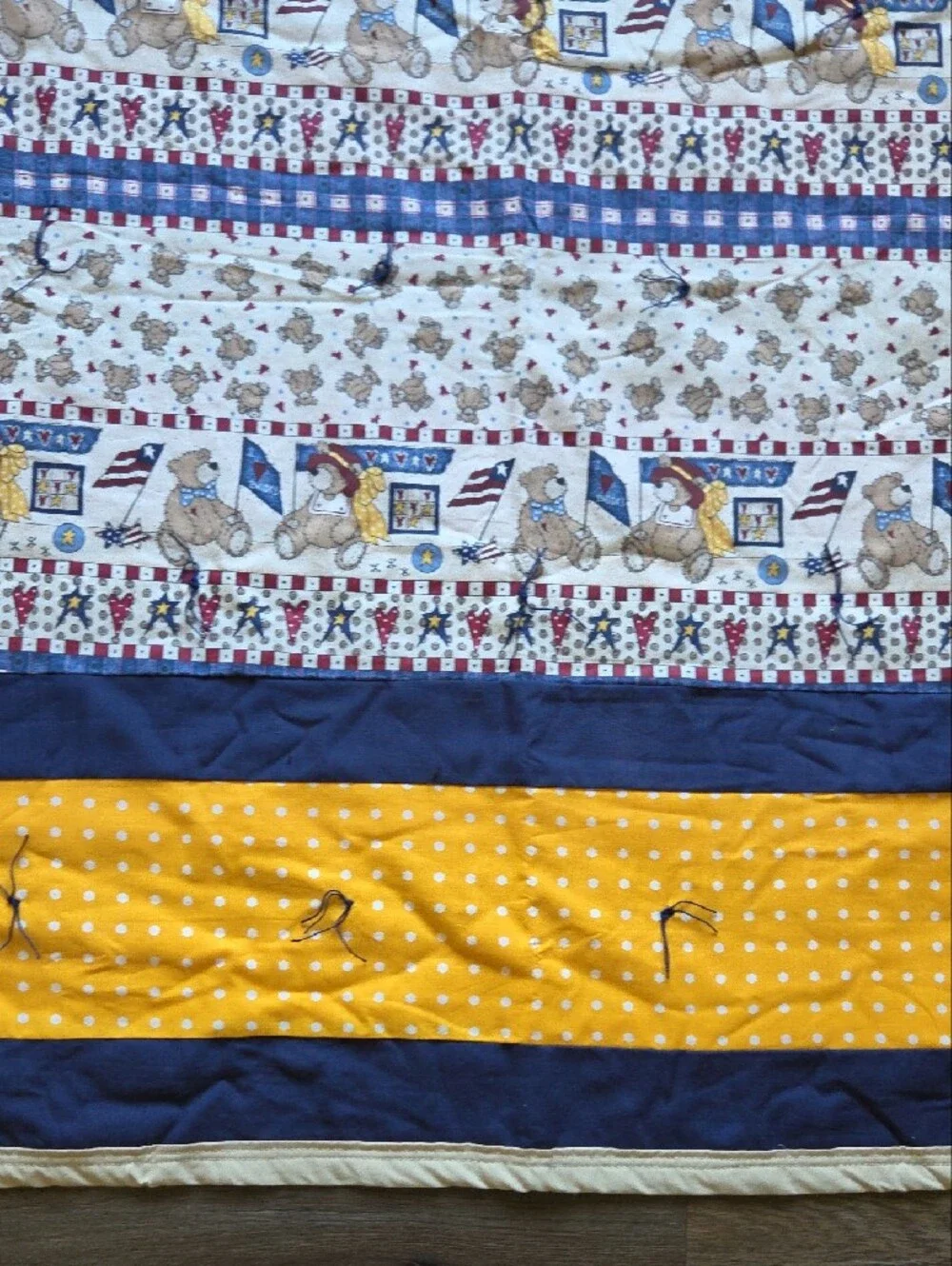 Handmade Navy & Yellow Baby Patchwork Quilt Blanket Polka Dot And Teddy Bear
